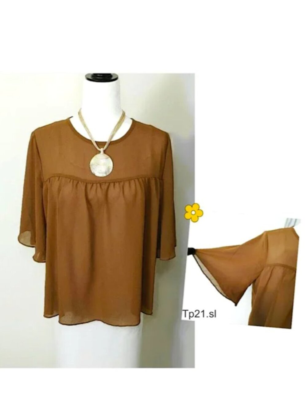 Brown Flowy Blouse Bell Sleeves Georgette  Chest Pleated Round Neck Hi-low Cut